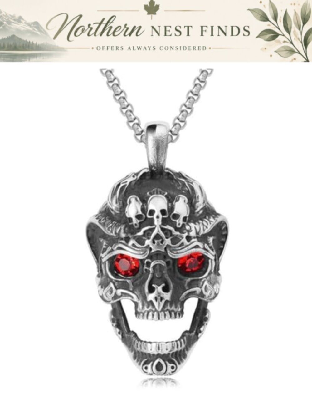 Gothic Skull Necklace Vintage Red Crystal Pendant Punk Stainless Steel